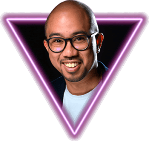 Lawrence, marco circular con colores llamativos enmarcando a los actores, resaltando su presencia y el diseño vibrante