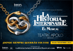 Logos de La Historia Interminable y Teatre Apolo juntos, destacando la colaboración entre el musical y el teatro para la presentación del espectáculo.